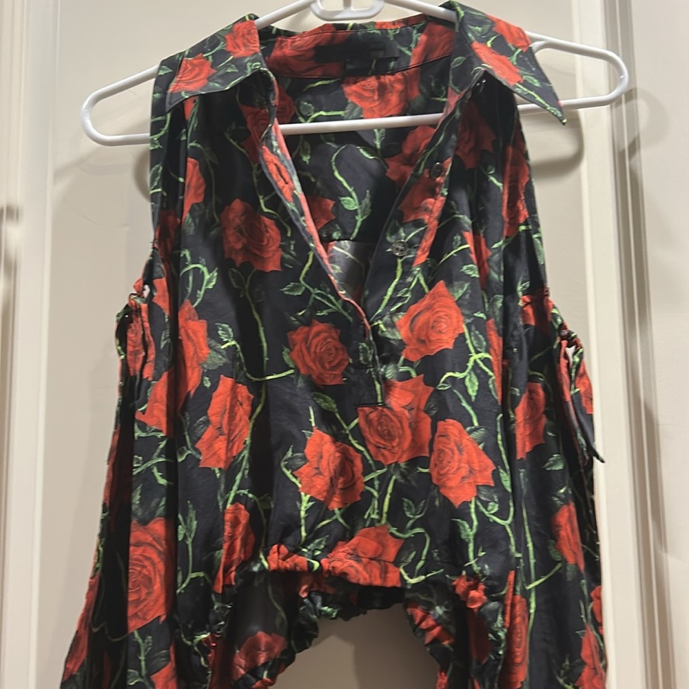Alexander Wang Silk RosePrint Cold Shoulder Slit LongSleeve 1/2button crop top M